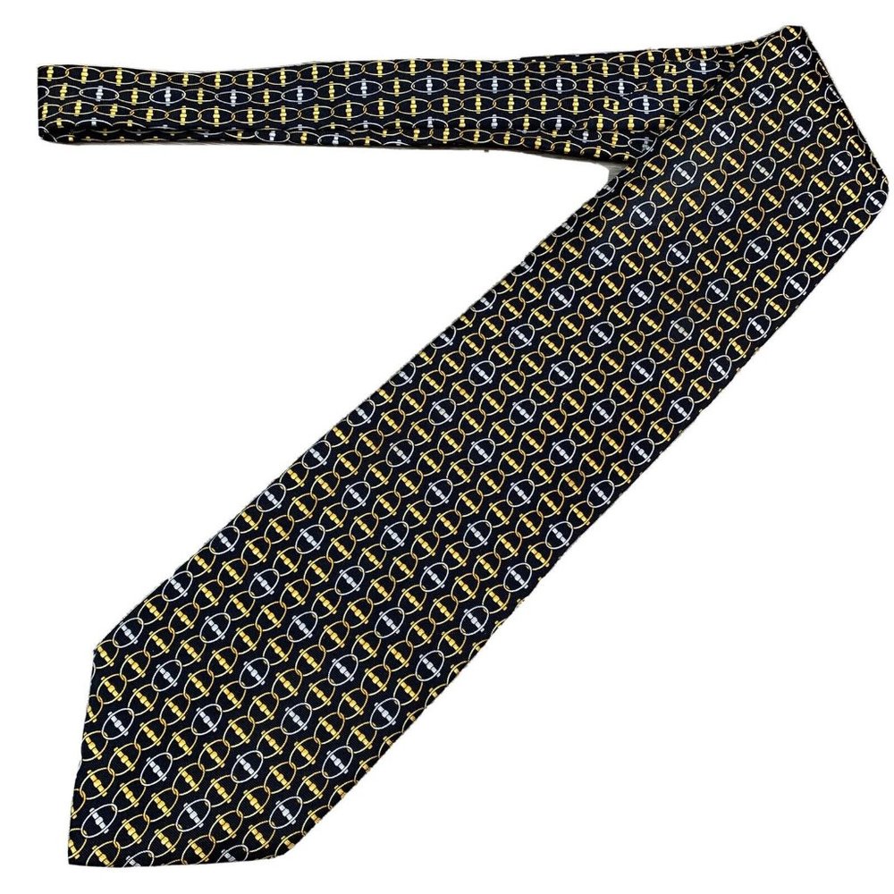 Botticelli Roma Italy Mens 100% Silk Necktie Black Gold Chain Link Print Tie